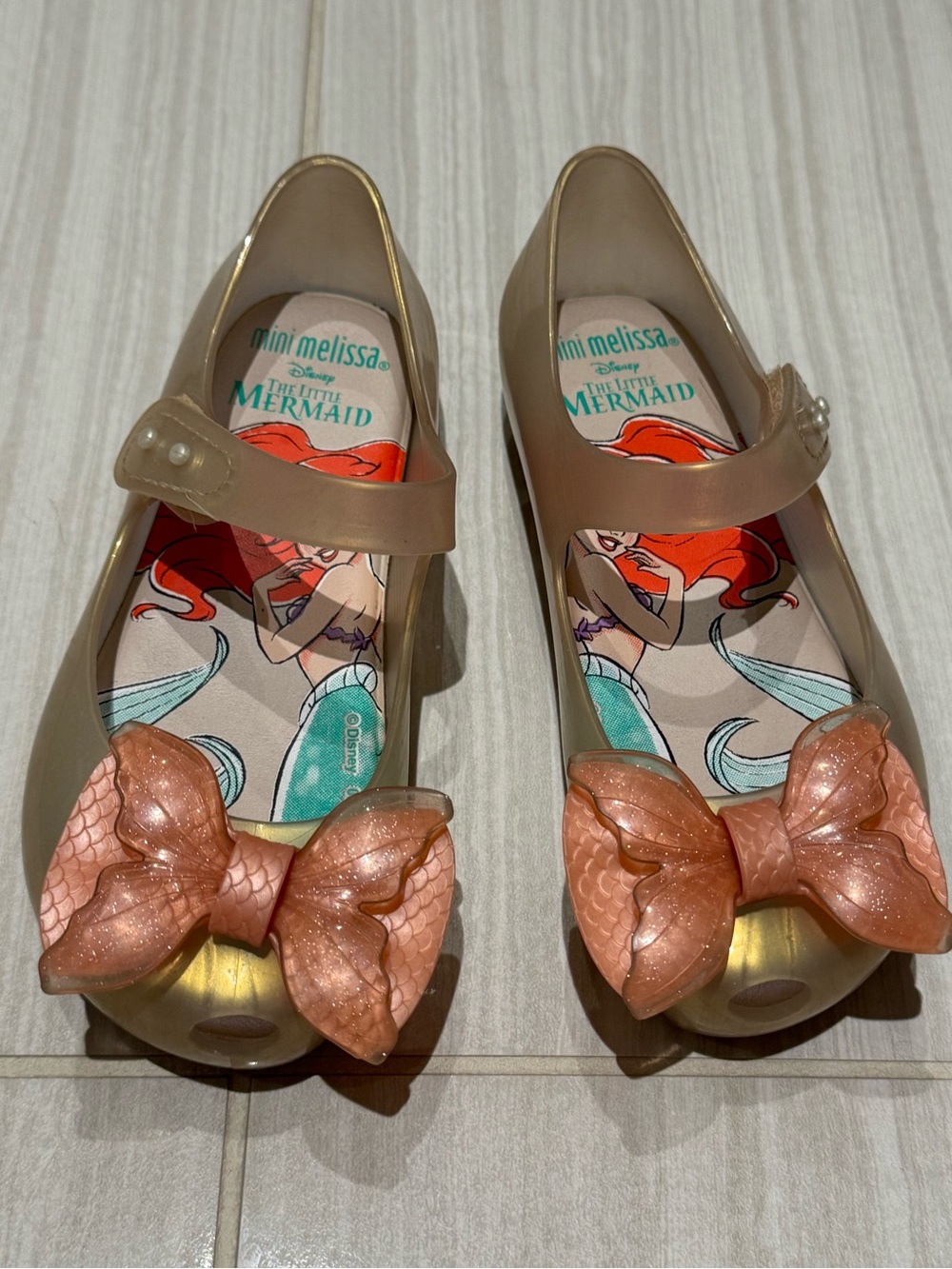 Mini Melissa Disney Little Mermaid Mary Jane Flats in Nude with Peach Bow